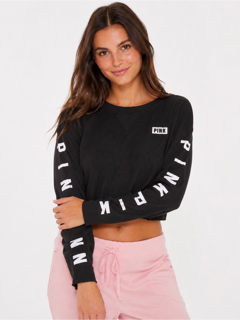 VS PINK Black Waffle Thermal DIY Cropped Logo Sleeve Y2K Top XS